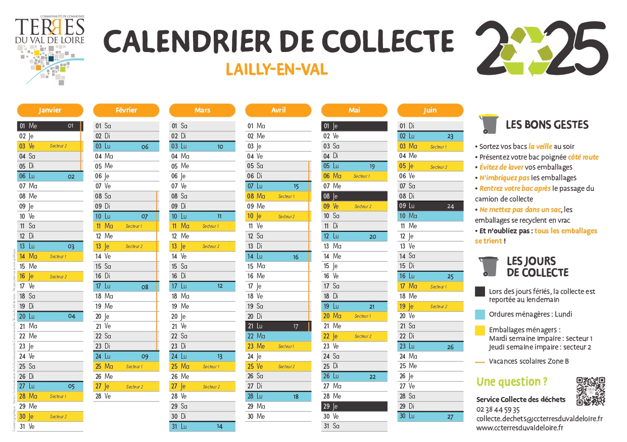 CCTVL - Collecte des Déchets - Calendrier 2025 -1er semestre